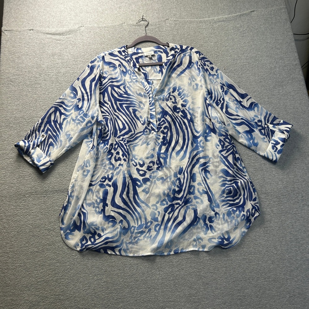 Avenue Tunic Blouse Womens 18/20 Blue White Animal Print Plus Size Career Casual